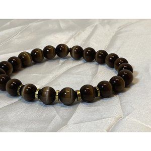 Brown Cat’s Eye Beaded Bracelet Stretch Cord Gold Spacer Beads 7.25" Jewelry